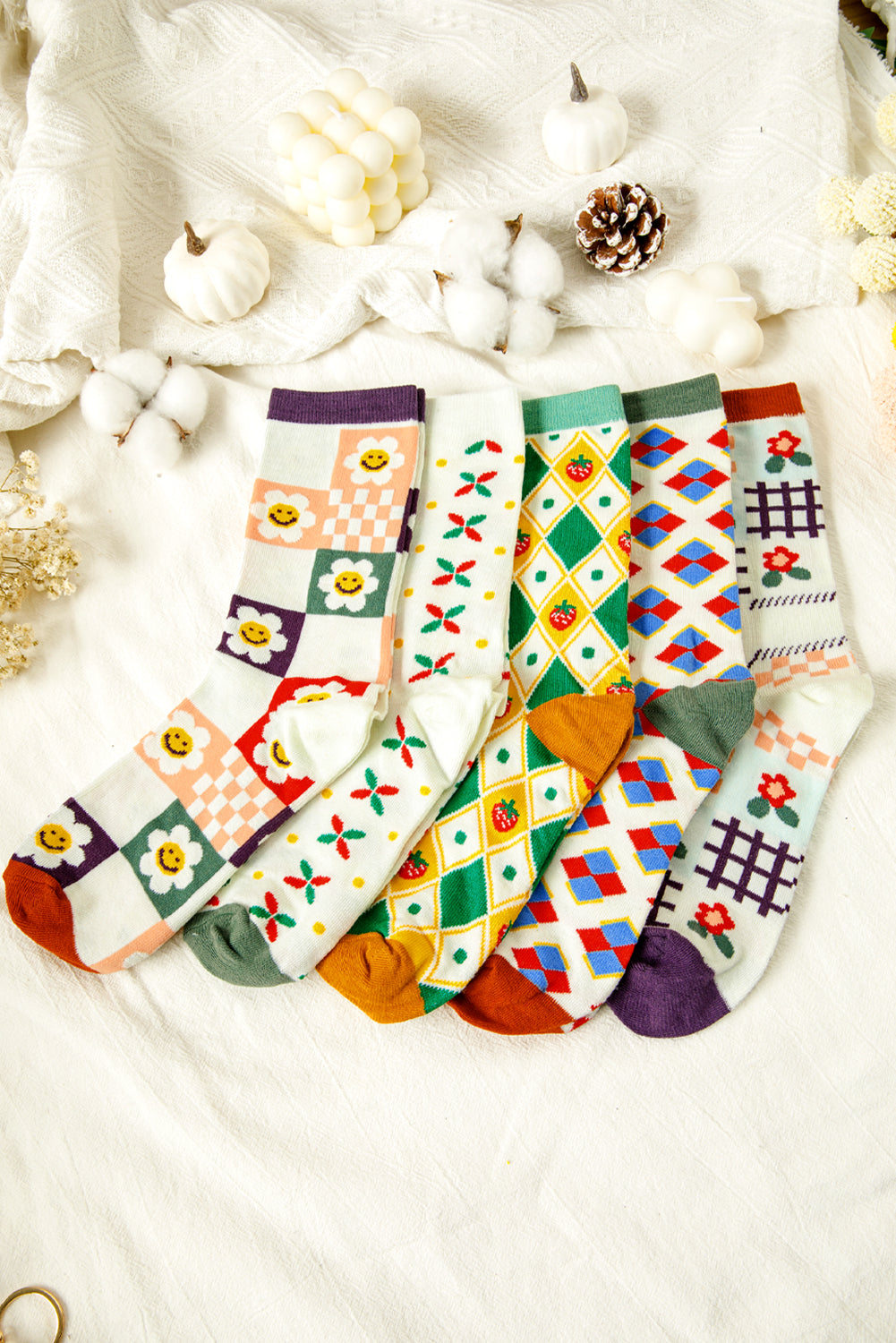 White Plaid Floral Cotton Crew Socks c43376e9cfa1df6b