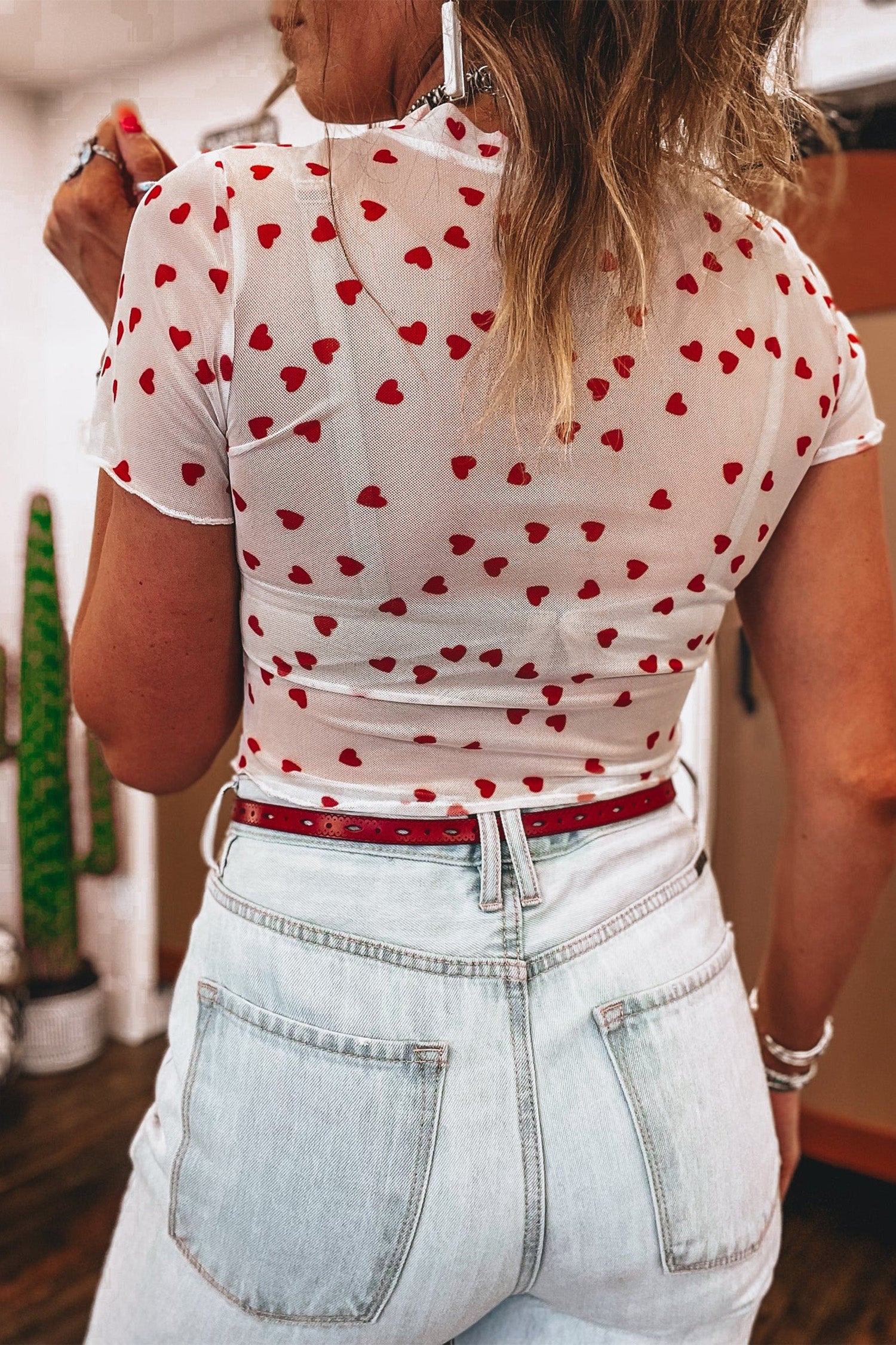 Racing Red Allover Heart Print Mesh Short Sleeve Top c4350ac36bd2a39a