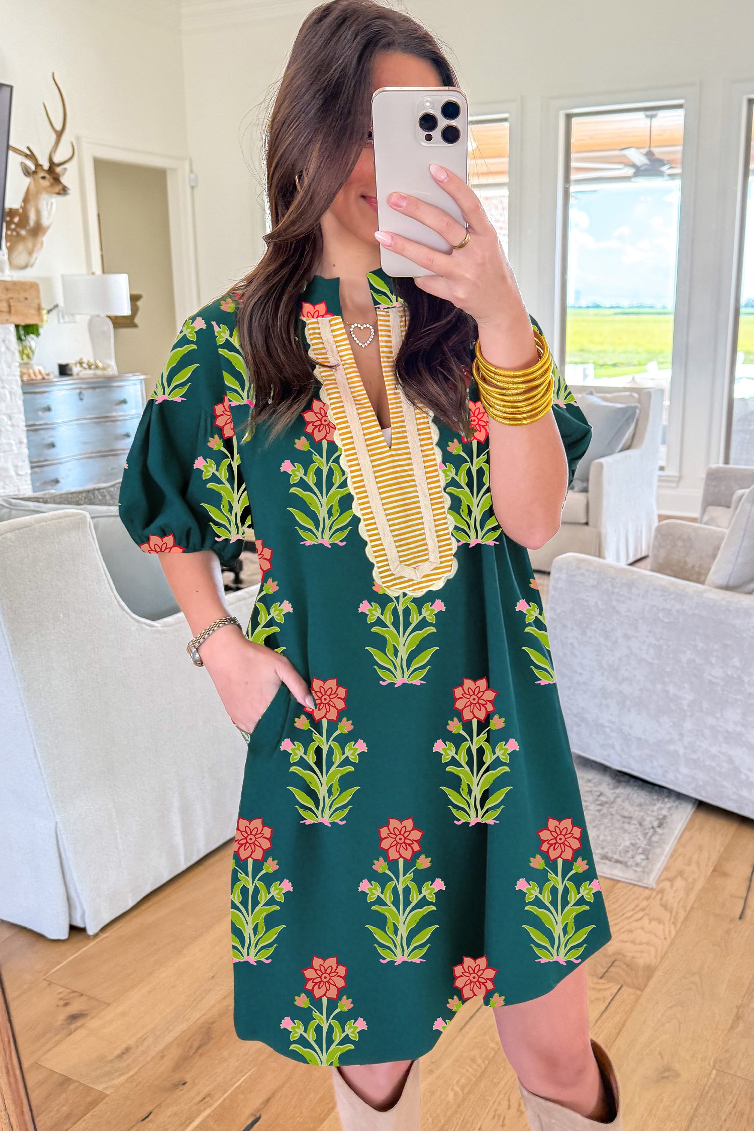 Green Floral Print Contrast Trim Striped Patchwork Short Sleeve Dress c436cbfe13a81e36