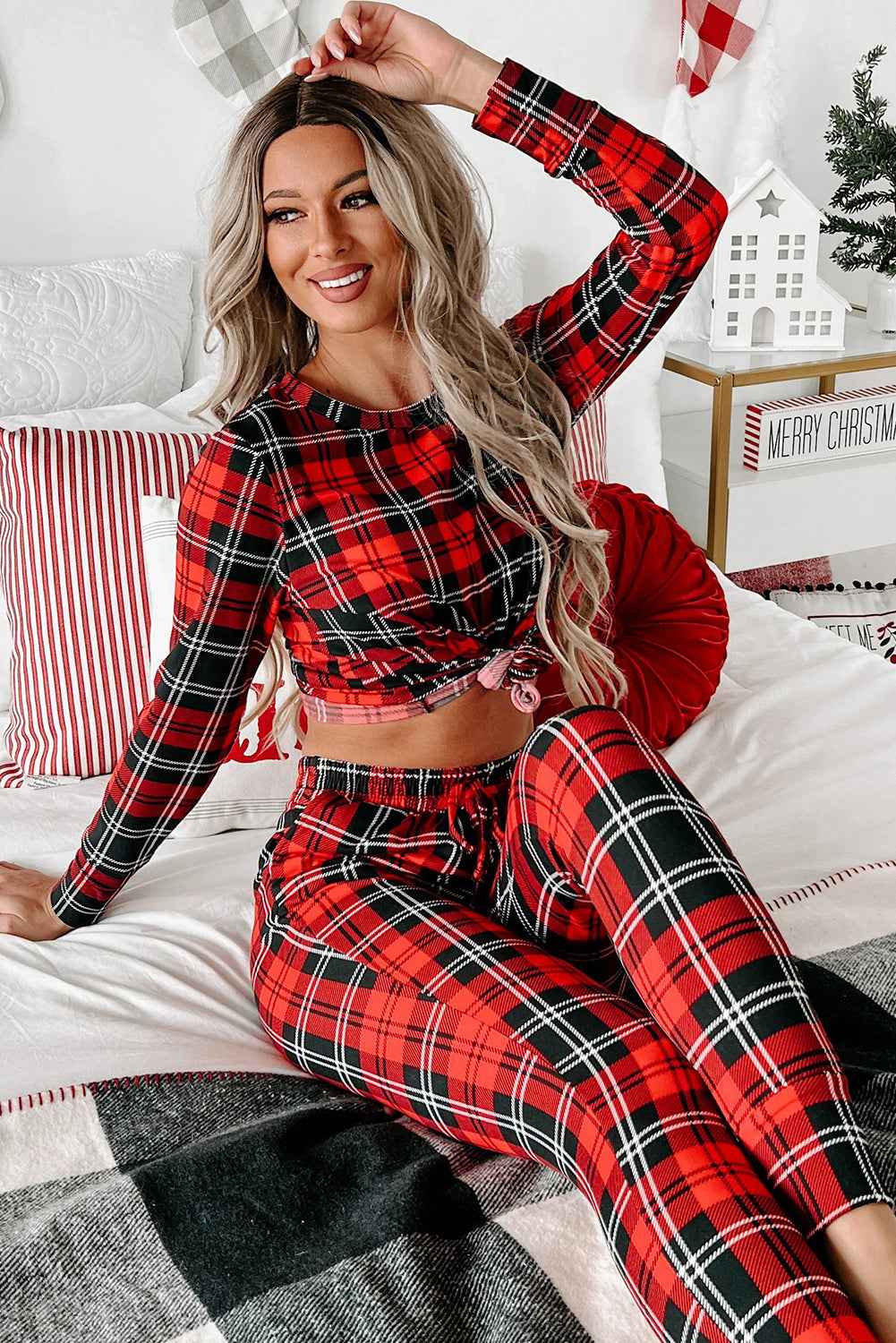Red Festive Plaid Print Round Neck Long Sleeve and Pants 2 Piece Lounge Set c4374a9cf588e482