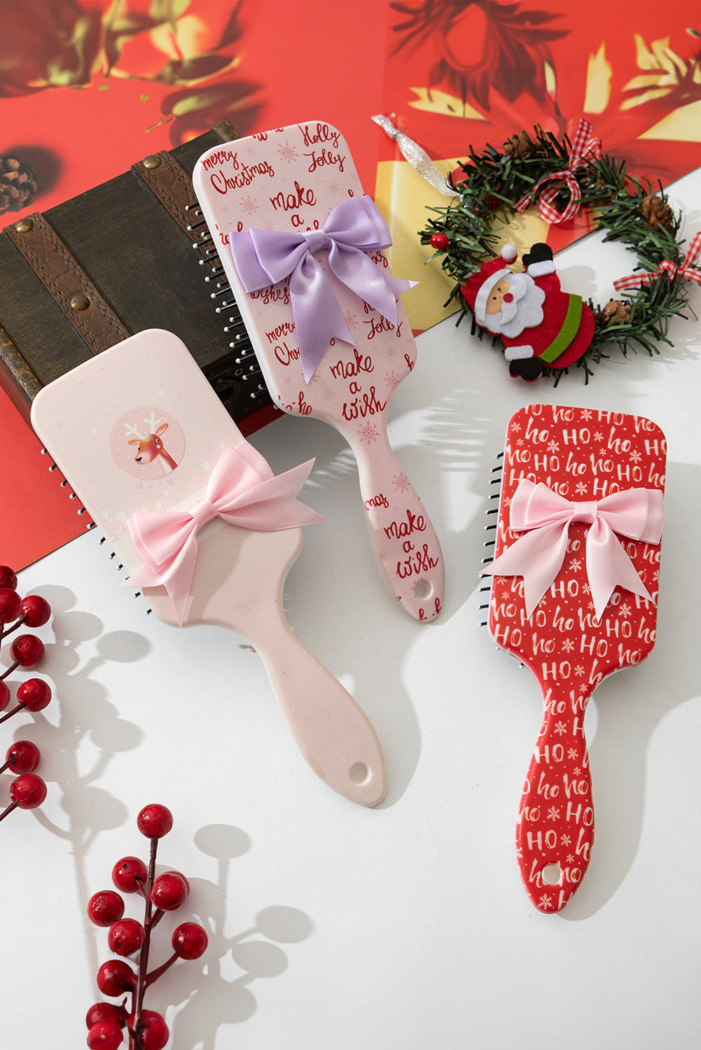 Pink Bow Decoration Christmas Scalp Massage Fluffy Comb Pink ONE SIZE ABS c437fbe3a042d7a3