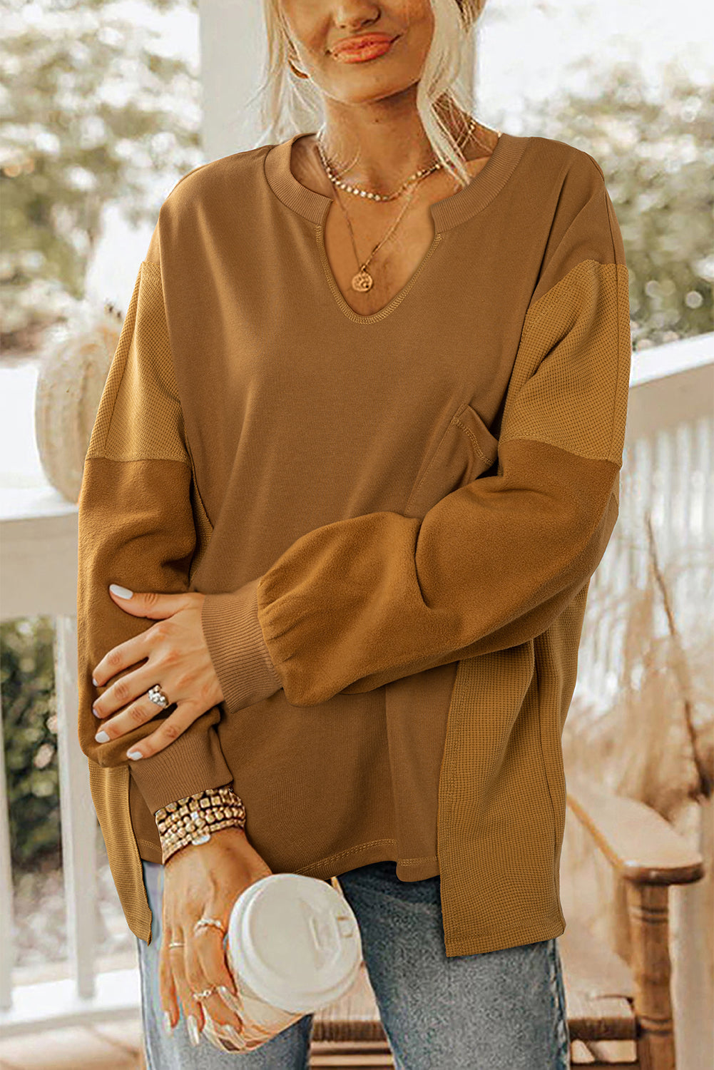 Multicolor Oversized Mixed Textured Split Neck High Low Patchwork Sweatshirt c43ba34d1e3c84b6