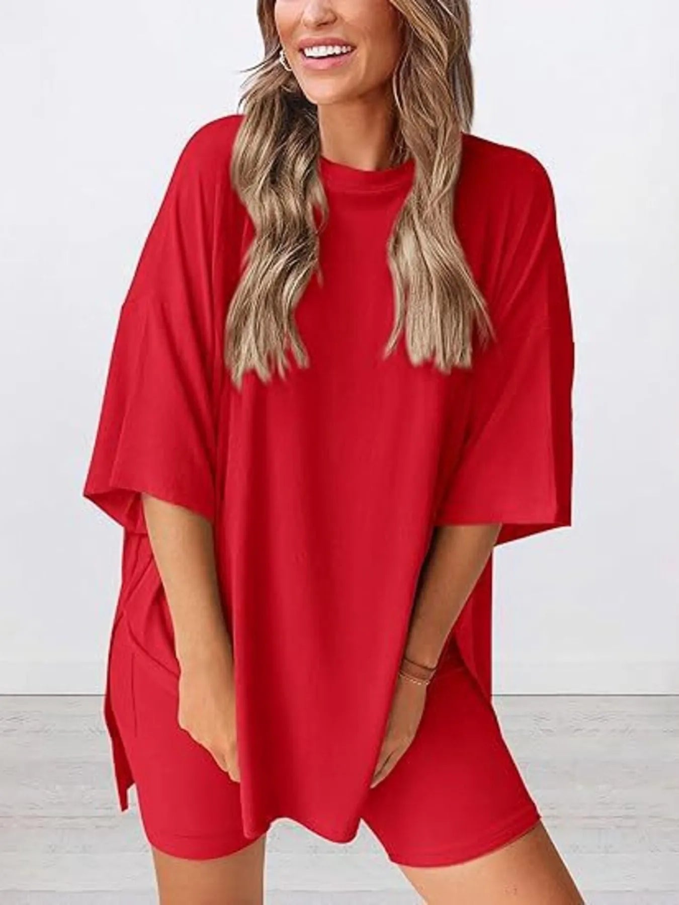 Full Size Oversized Round Neck Top and Shorts Set Plus Size Red c43df5329f8e4c3a8029fb2e8964e05a-Max-Origin