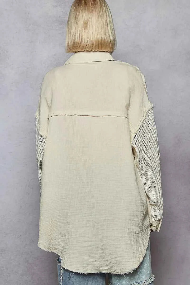 POL Button Down Exposed Seam Flower Print Patch Shirt with Crochet Long Sleeve c441df61-fbdc-4994-9727-deaf190b00a4-Max-Origin