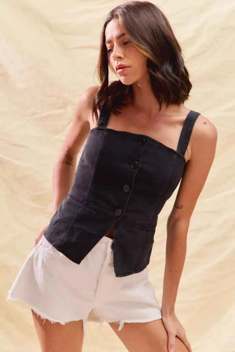 SO ME Button Down Sleeveless Game Day Fitted Denim Top c444b82e174844268498df830f50b8ee-Max-Origin