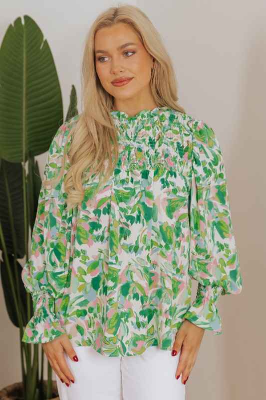 Milena Sleeve Shirred Mock Blouse c4577bbb-e5f6-4a11-8d1f-35643323cd37