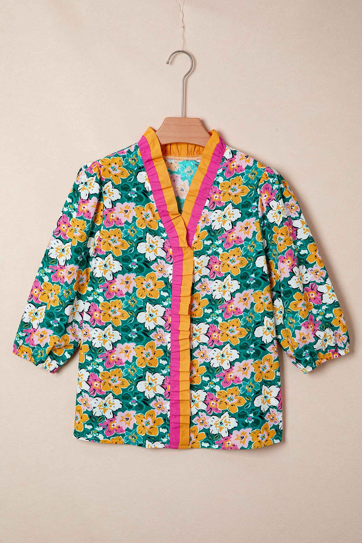 Green Floral Print Contrast Trim Frilled V Neck 3/4 Sleeve Blouse c45da6e84912329f