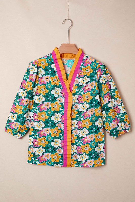 Green Floral Print Contrast Trim Frilled V Neck 3/4 Sleeve Blouse c45da6e84912329f