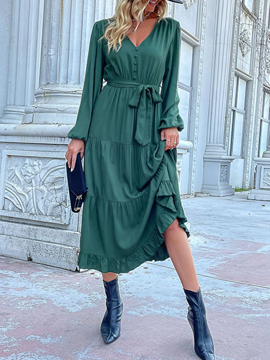Ruffled Hem V-Neck Balloon Sleeve Dress c46b81f0-b622-42c3-a742-dbf5cb649428-Max-Origin
