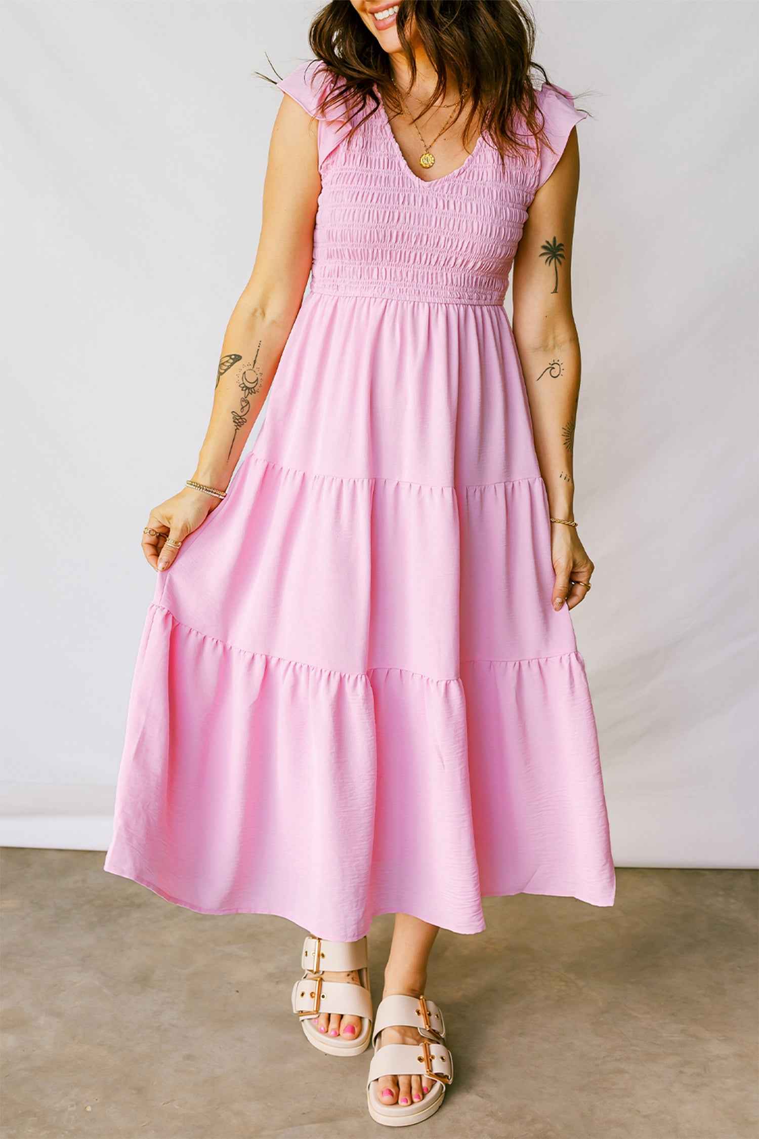 Pink Smocked Bodice Flutter Sleeve Fit Flare Tiered Midi Dress Pink 100%Polyester c46e792c0d285283