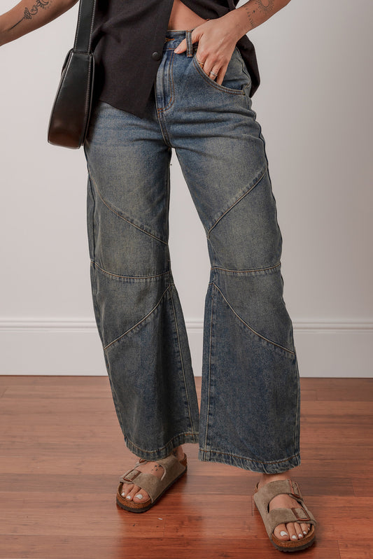 Sail Blue Exposed Stitching Loose Straight High Waist Barrel Jeans c47212914c0e9f1c