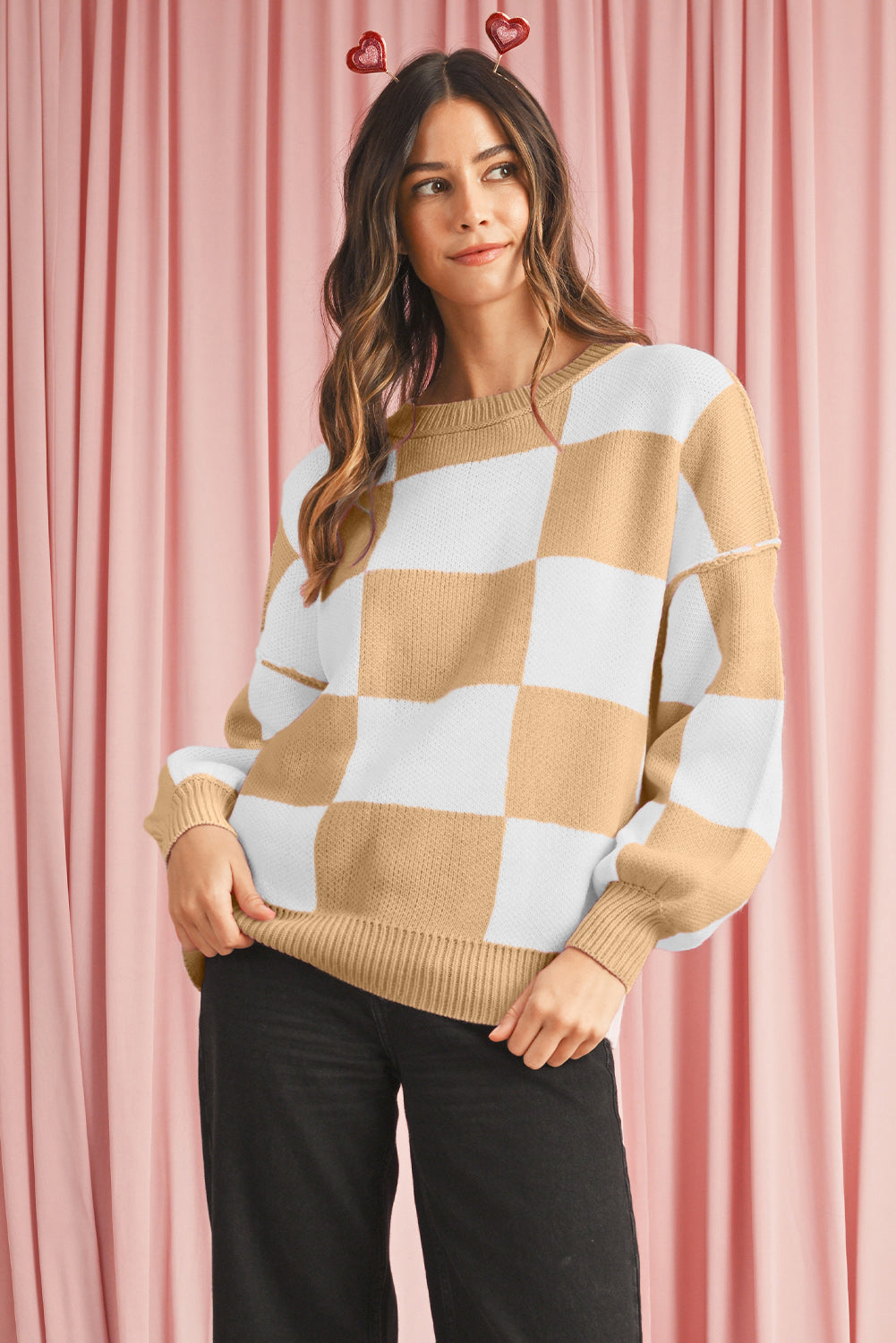 Orange & White Plaid Exposed Seam Bishop Sleeve Sweater c4746ae2aa7b7828