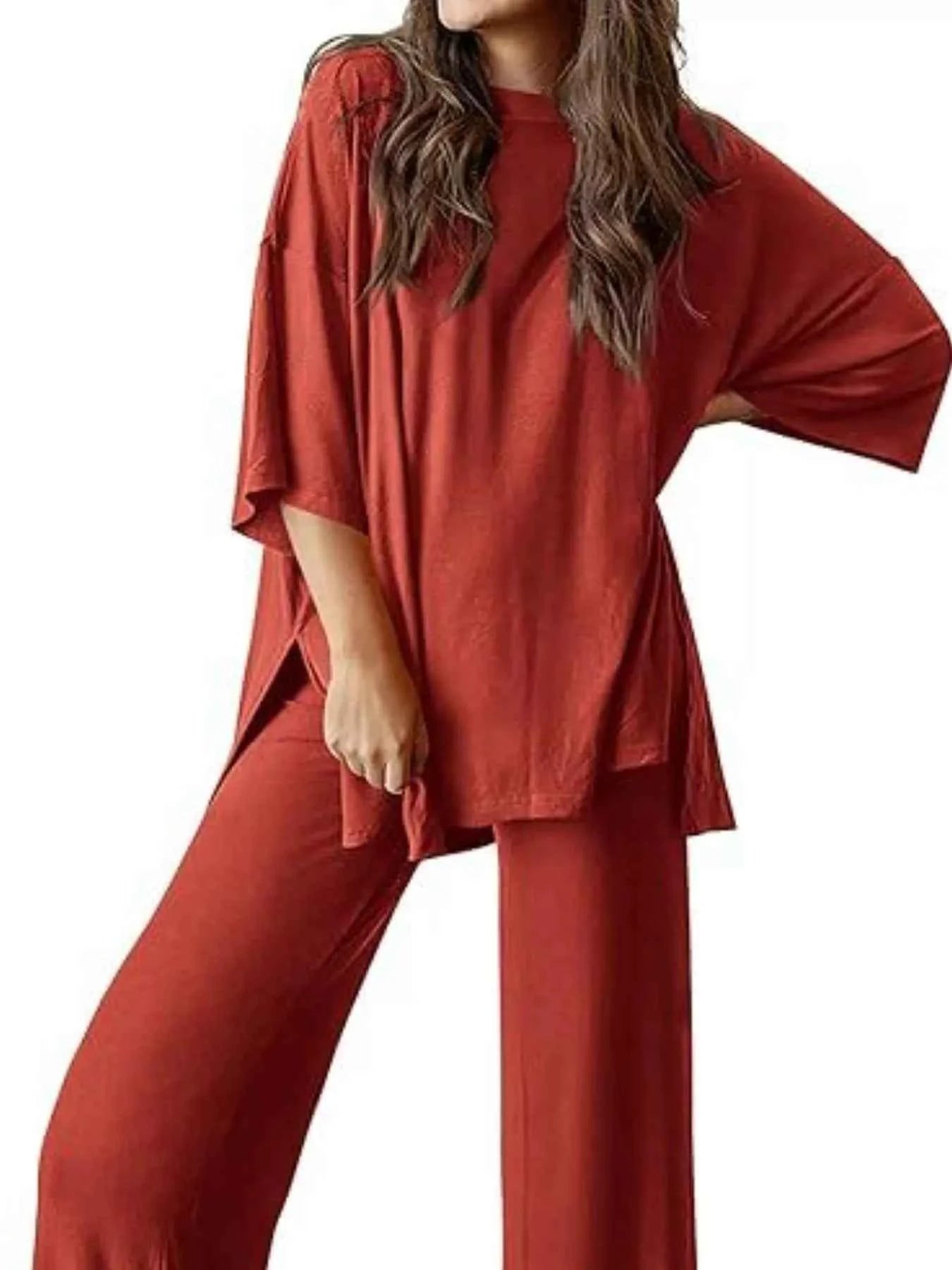 Slit Round Neck Top and Pants Set Rust c477107e-c4b1-4ac8-8981-df863e3a17f7-Max-Origin