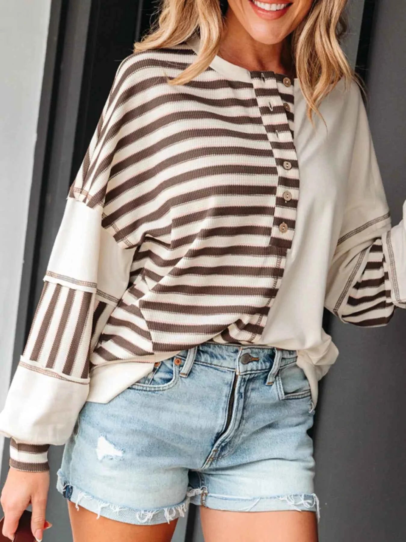 Stripe Stitched Detail Color Block Patchwork Oversized Top c47ba191-103e-4ac7-88fe-694946fbafec-Max-Origin