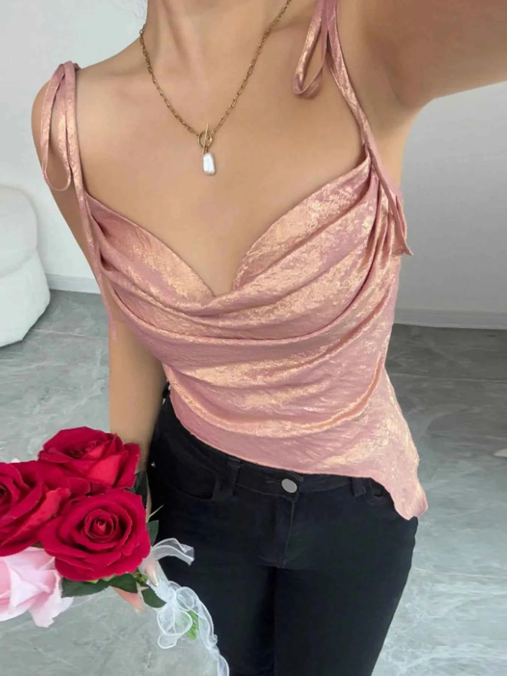 Tie Shoulder Cami Top with Ruched Detail c47d0866c14e458da32b41bc2955dfe4-Max-Origin