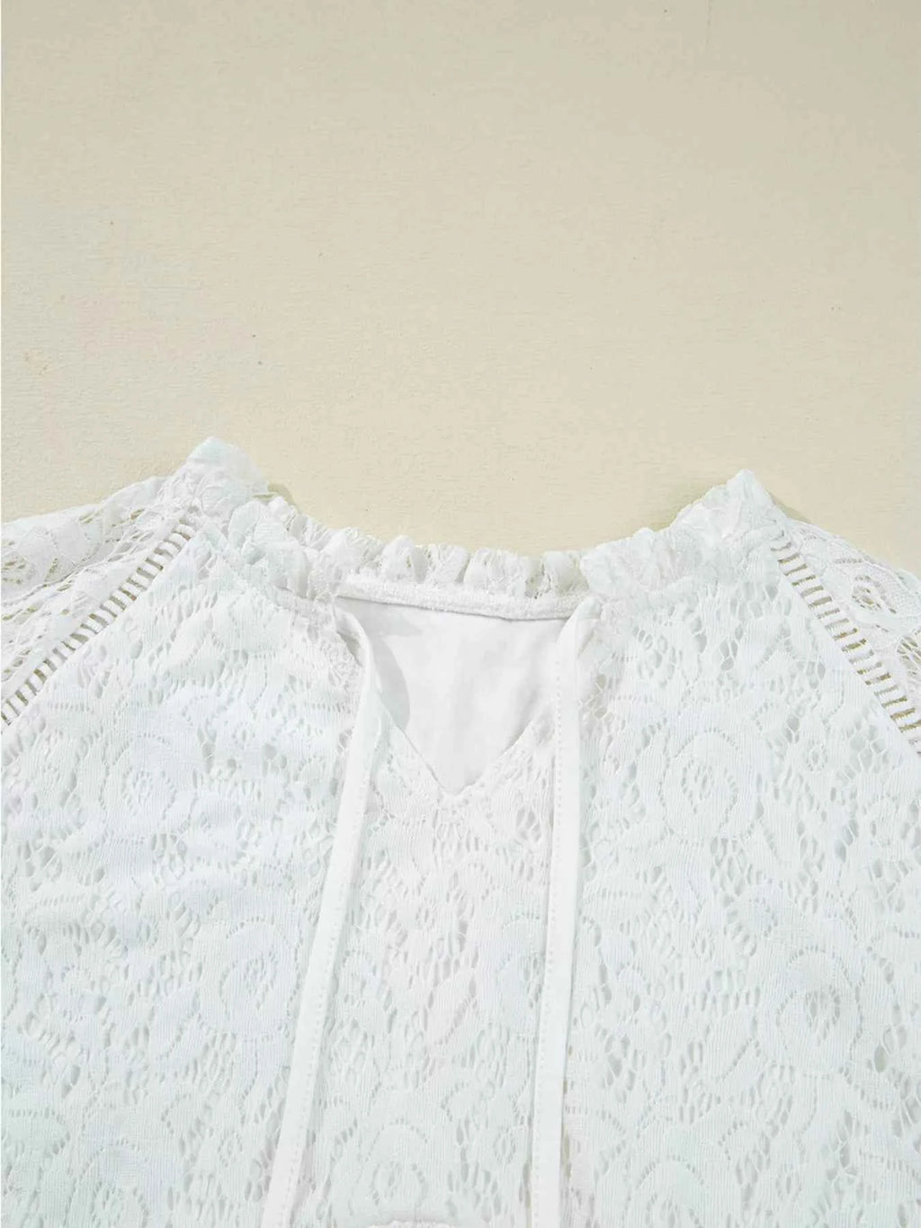 Tie Neck Lace Ruffle Detail Long Sleeve Blouse c4800d1c52344ac08b6872322e04eabf-Max-Origin
