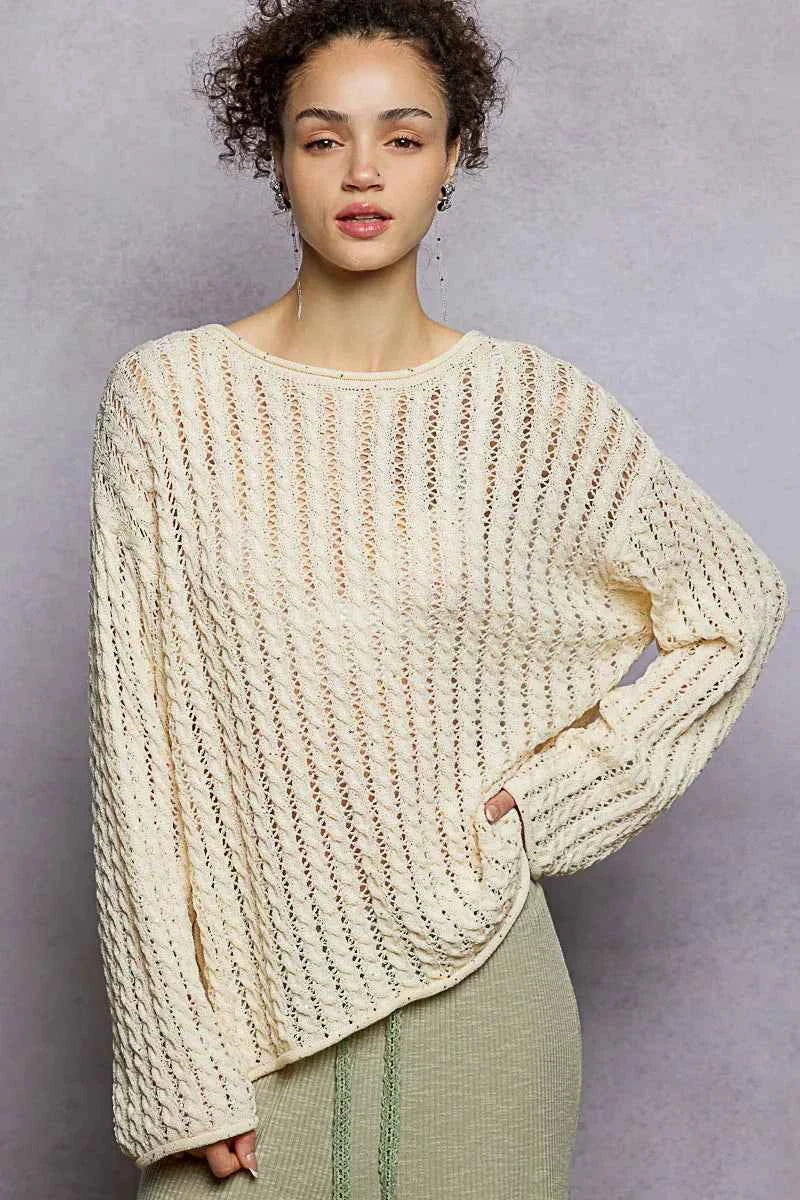 POL Openwork Round Neck Knit Top with Shiny Detail c481aa90-699d-43fe-9947-38086c0a4c72-Max-Origin
