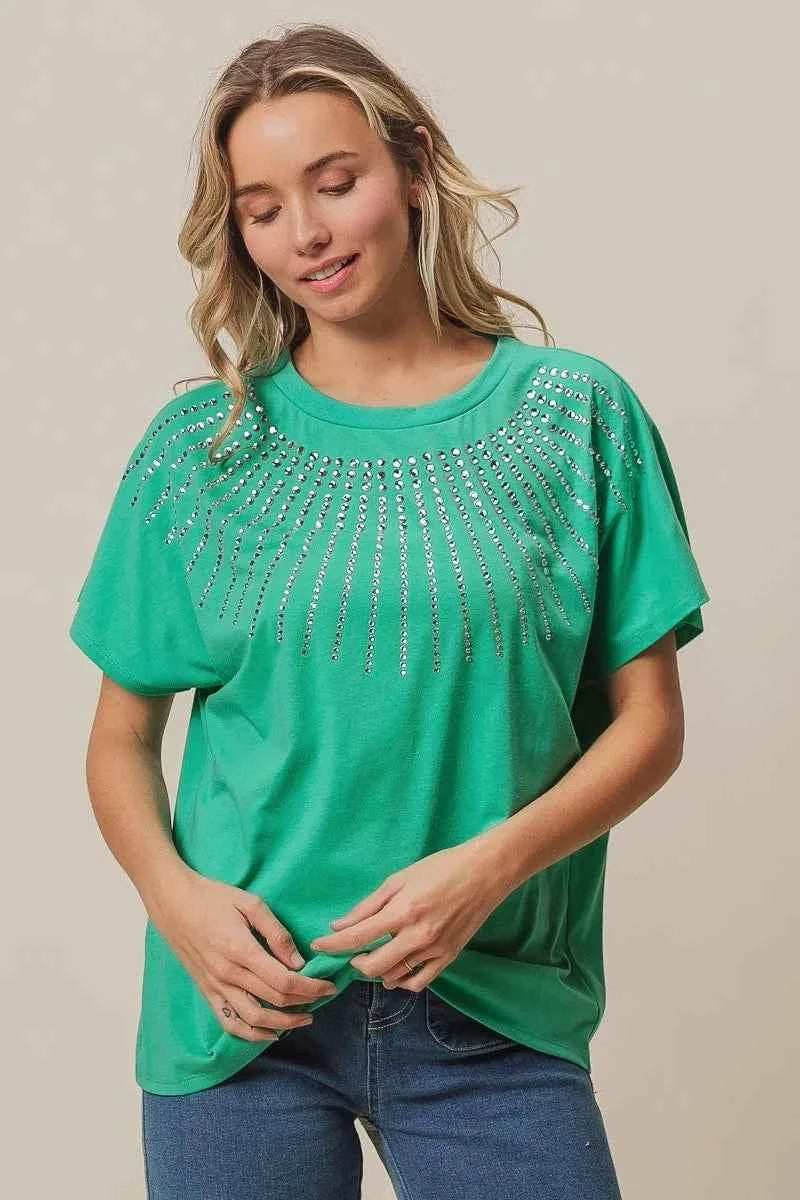 BiBi Rhinestone Beaded Short Sleeve Top c48572d4bf214472be9f443921a8eb5e-Max-Origin
