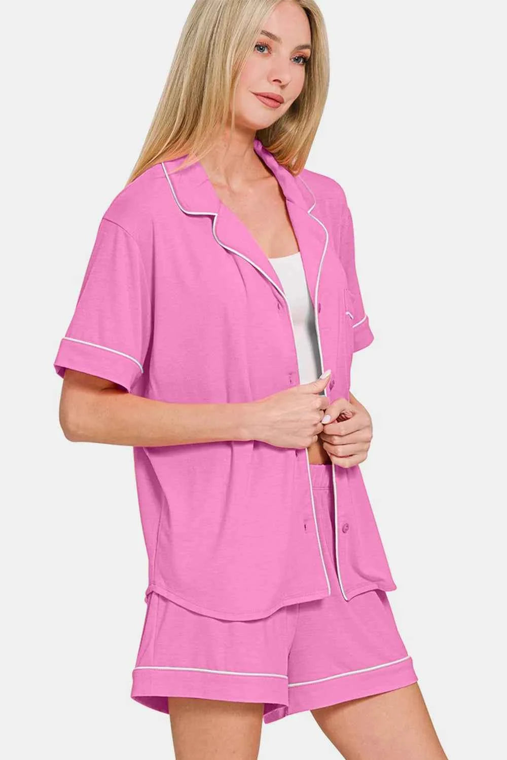 Zenana Button Down Short Sleeve Top and Shorts Lounge Set c4892680-7a10-49c5-bded-8230c5a518e3-Max
