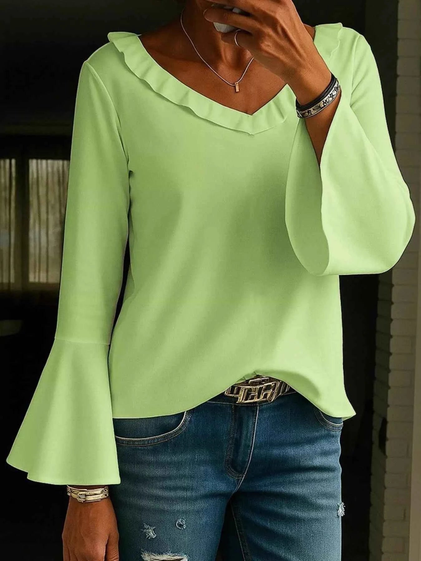 Full Size Ruffled V-Neck Long Sleeve Blouse Plus Size Lime c49170d5-d80a-46e1-939a-7b3dcc6ffcea-Max-Origin