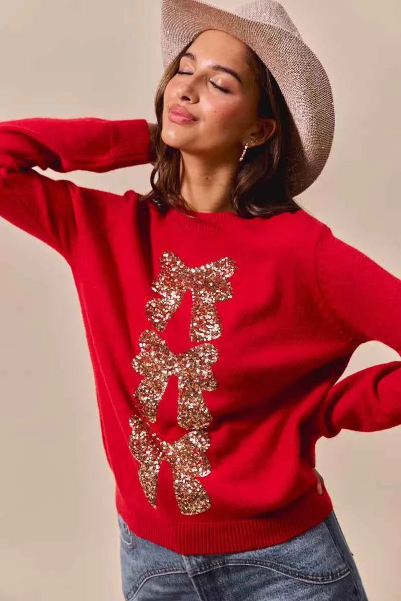 SO ME Sequins Bow Ribbon Embellished Christmas Sweater c497a4afe2f04bcbb58324ad4017ff1d-Max-Origin