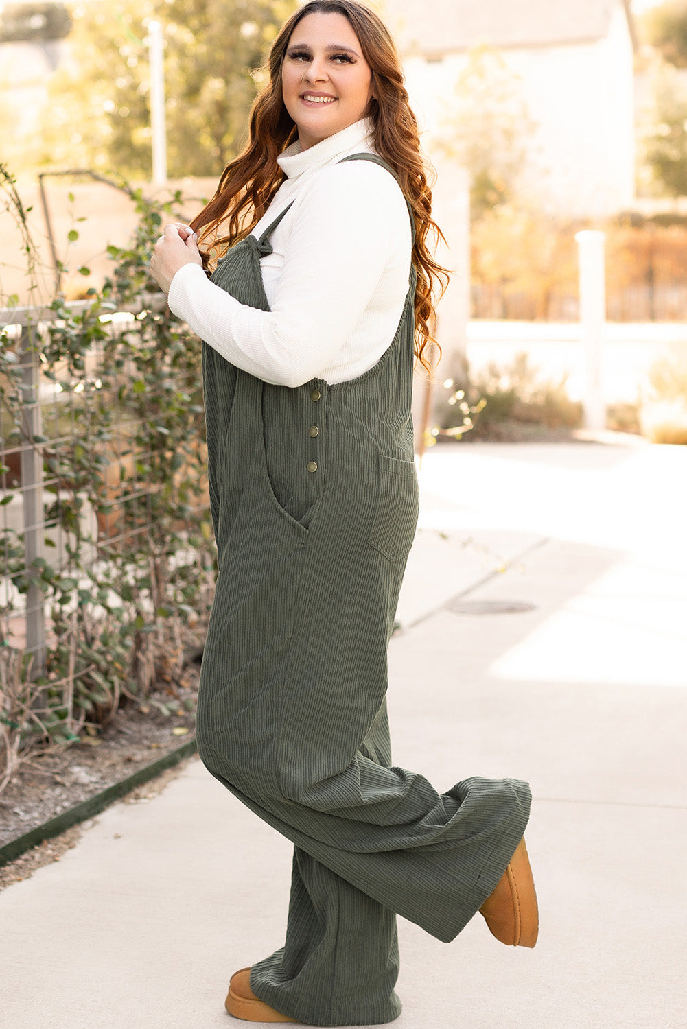 Jungle Green Plus Size Side Pockets Corduroy Overall c49a3c32c4b5defe