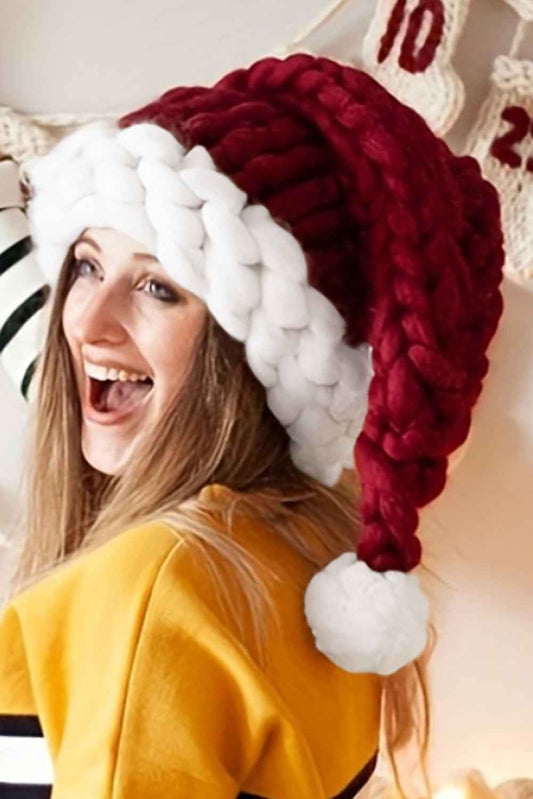 Red Dahlia Color Block Pom Pom Decor Chunky Knitted Christmas Hat c49c42e1591ff9b8