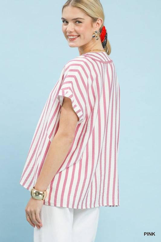 Mixed Stripe Split Neck Oversized Blouse c49c8e1f-7a59-423c-8c2b-6714fa8bcc7e-Max