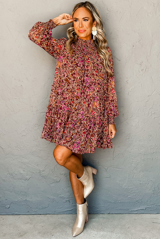 Red Floral Print Long Sleeve Shirred High Neck Loose Mini Dress c49c8f71bc049c57
