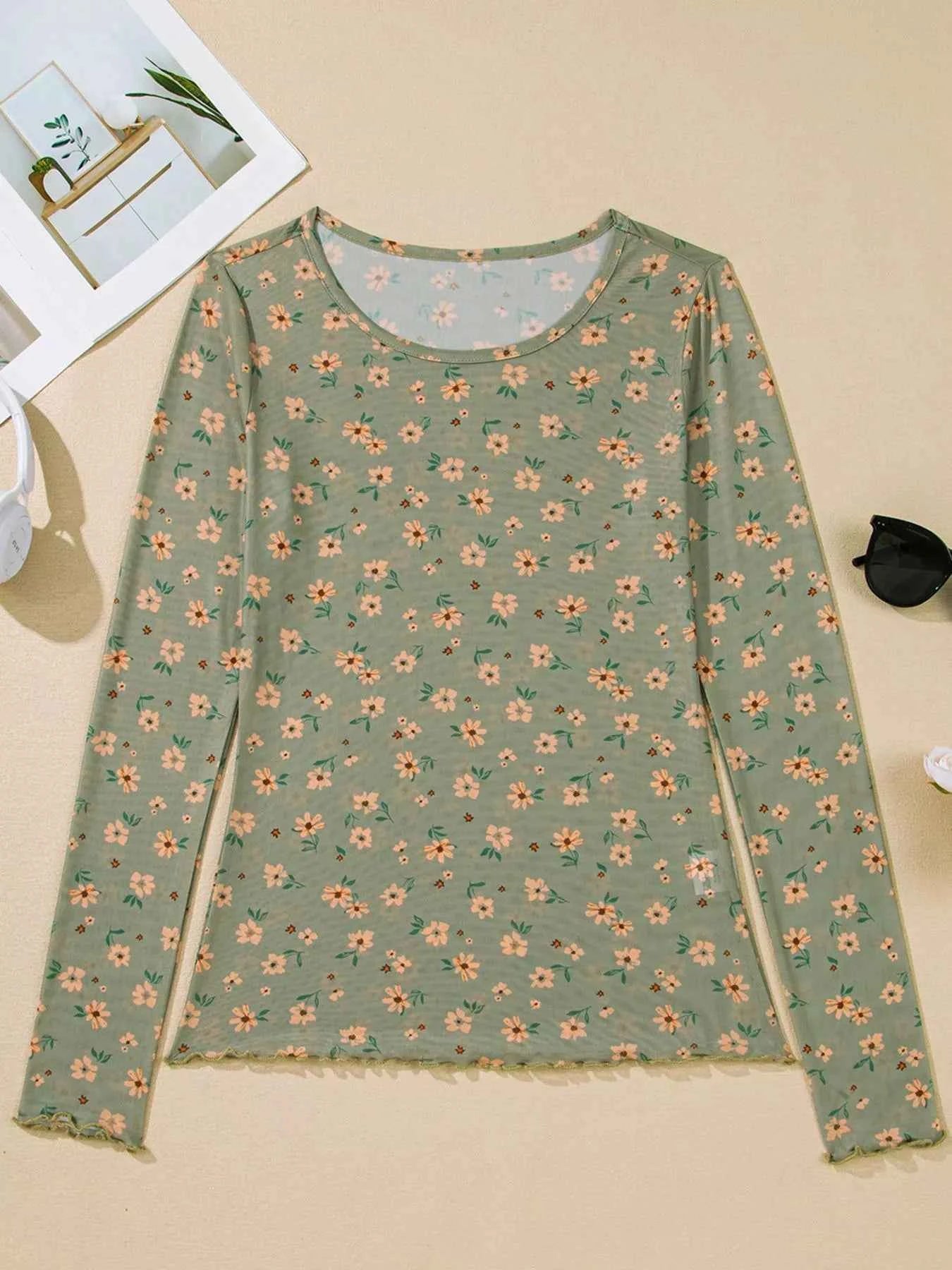 Floral Print Mesh Long Sleeve Top c49d21a2-8392-4558-98ab-3fbc547ab52b-Max-Origin