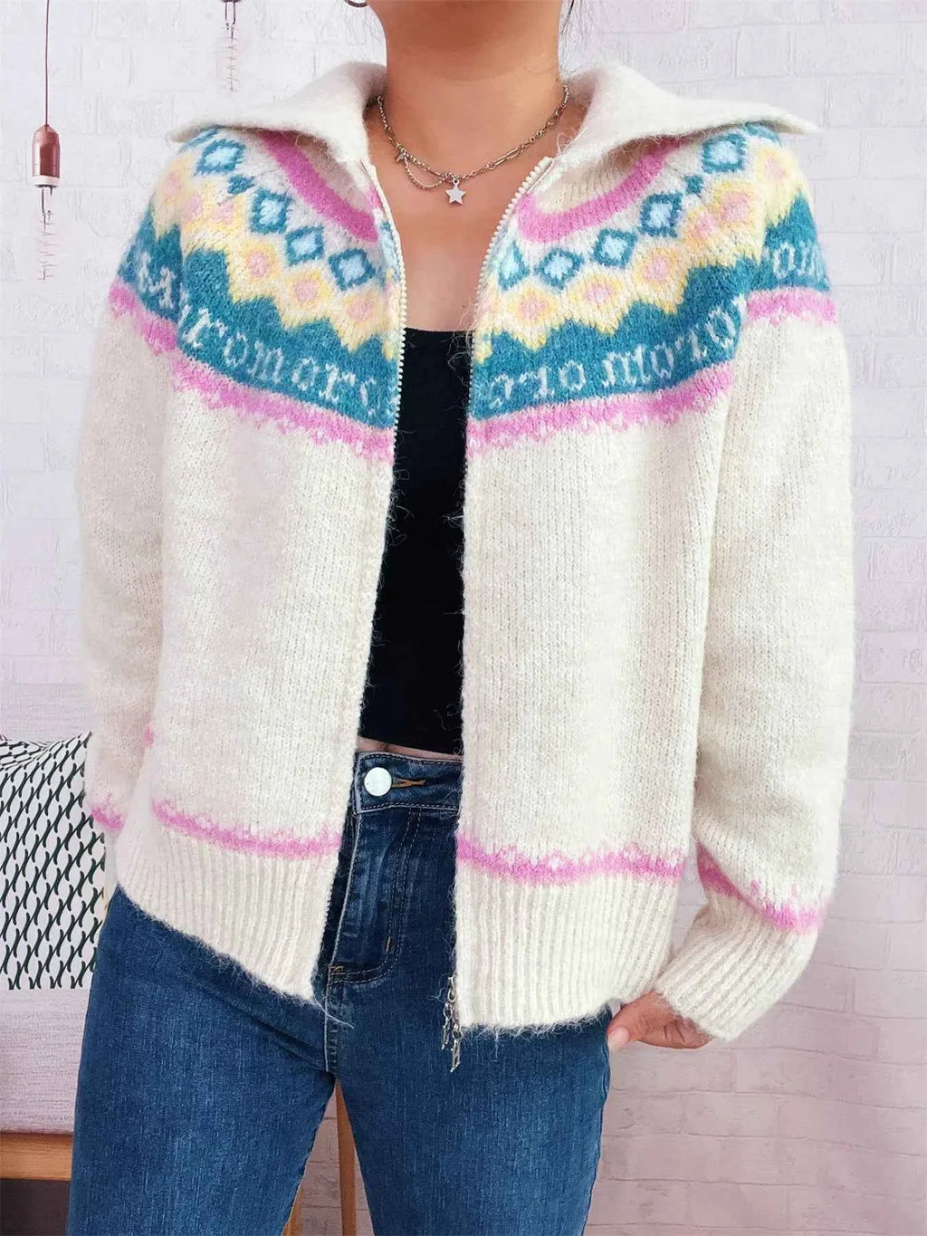 Fair Isle Pattern Zip-Up Cardigan c4a5eec3d9f34b6a878f3271e3c5368f-Max-Origin