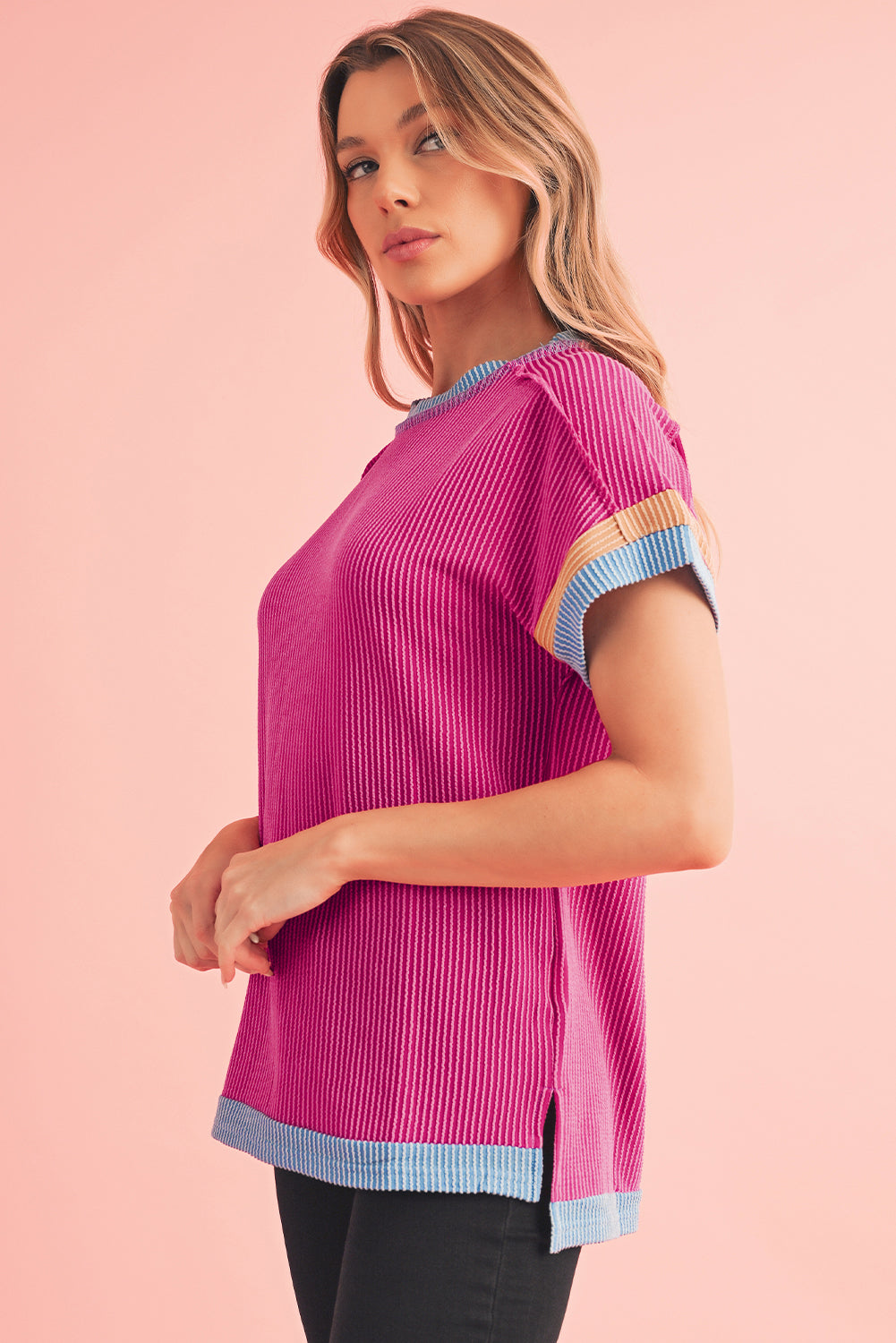 Rose Red Textured Colorblock Round Neck T Shirt c4aca817510b7994