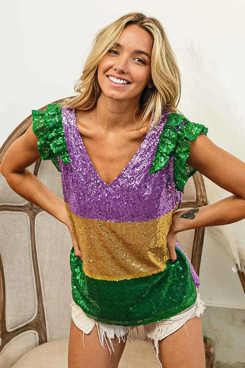 BiBi Mardi Gras Sequin Color Block Ruffled Top c4b0d68507ed49f68614bdf85b5e22b8-Max-Origin