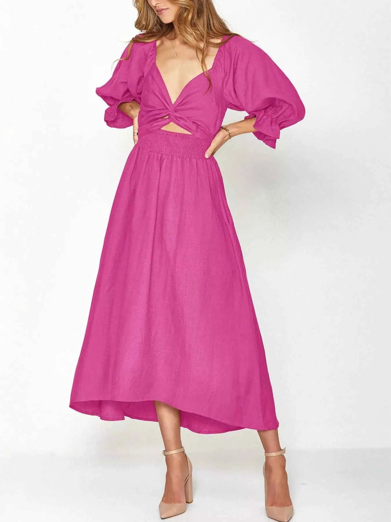 Smocked Puff Sleeves Midi Dress Hot Pink c4b1687b-287e-47ed-a64d-f5d247721737-Max-Origin