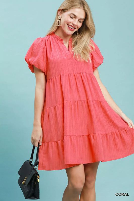 Puff Sleeve Tiered Babydoll Dress CORAL c4b550f1-d714-490b-a564-ed8948b532bb-Max-Origin