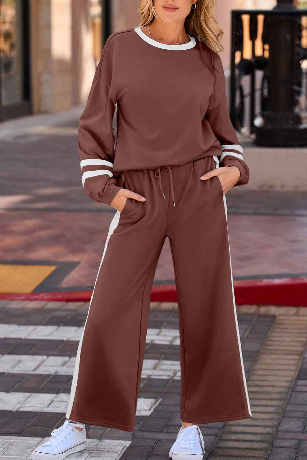Mineral Red Varsity Stripe Patchwork Puff Sleeve Pullover Drawstring Wide Leg Pant Set c4b7ec2e2b00f79b