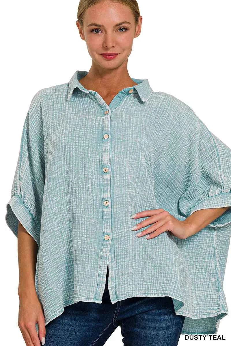 Washed Double Gauze Button Down Half Sleeve Shirt DUSTY TEAL c4bba30e-899c-44ea-8b58-5150f50e21f8-Max-Origin