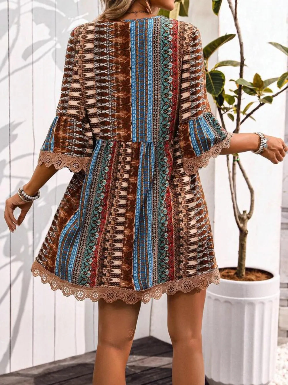 Lace Trim Printed V-Neck 3/4 Sleeve Dress c4bbf251-f395-4be2-9933-9207a03fda9e-Max