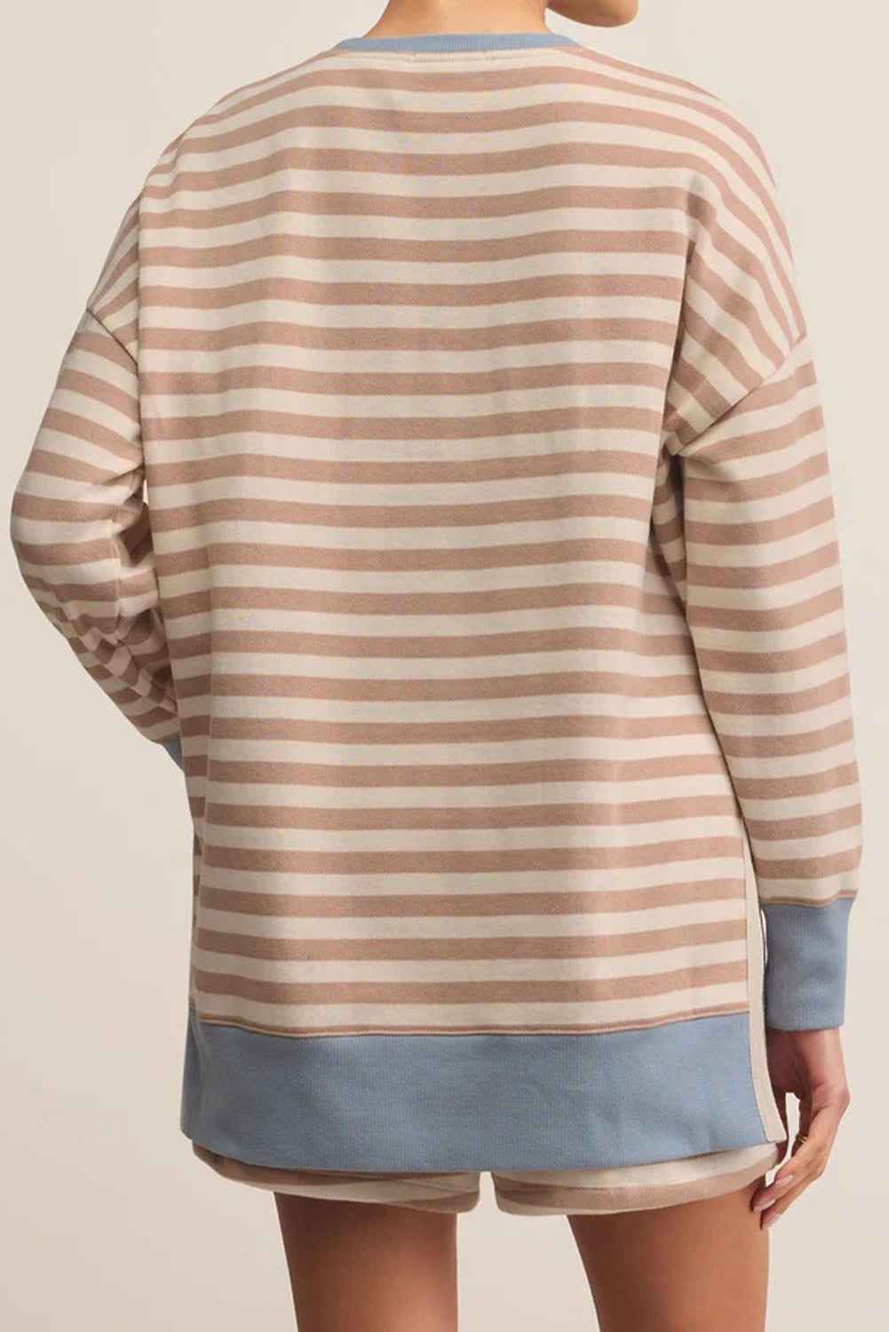 Khaki Stripe Colorblock Patchwork Oversized Pullover Drawstring Shorts 2pcs Set c4bce7b0cdd086b7