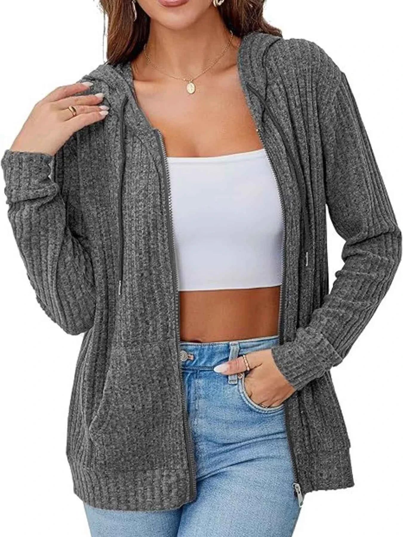 Ribbed Zip Up Hooded Outerwear Dark Gray c4be30f9b5ee4ffb8141f60f4a99aff0-Max-Origin