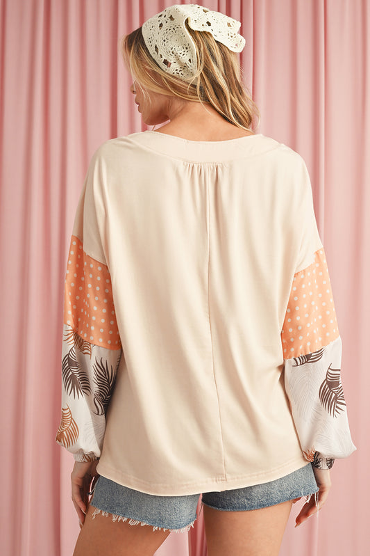 Jet Stream Palm Leaves ka Dot Patchwork V Neck Loose Top