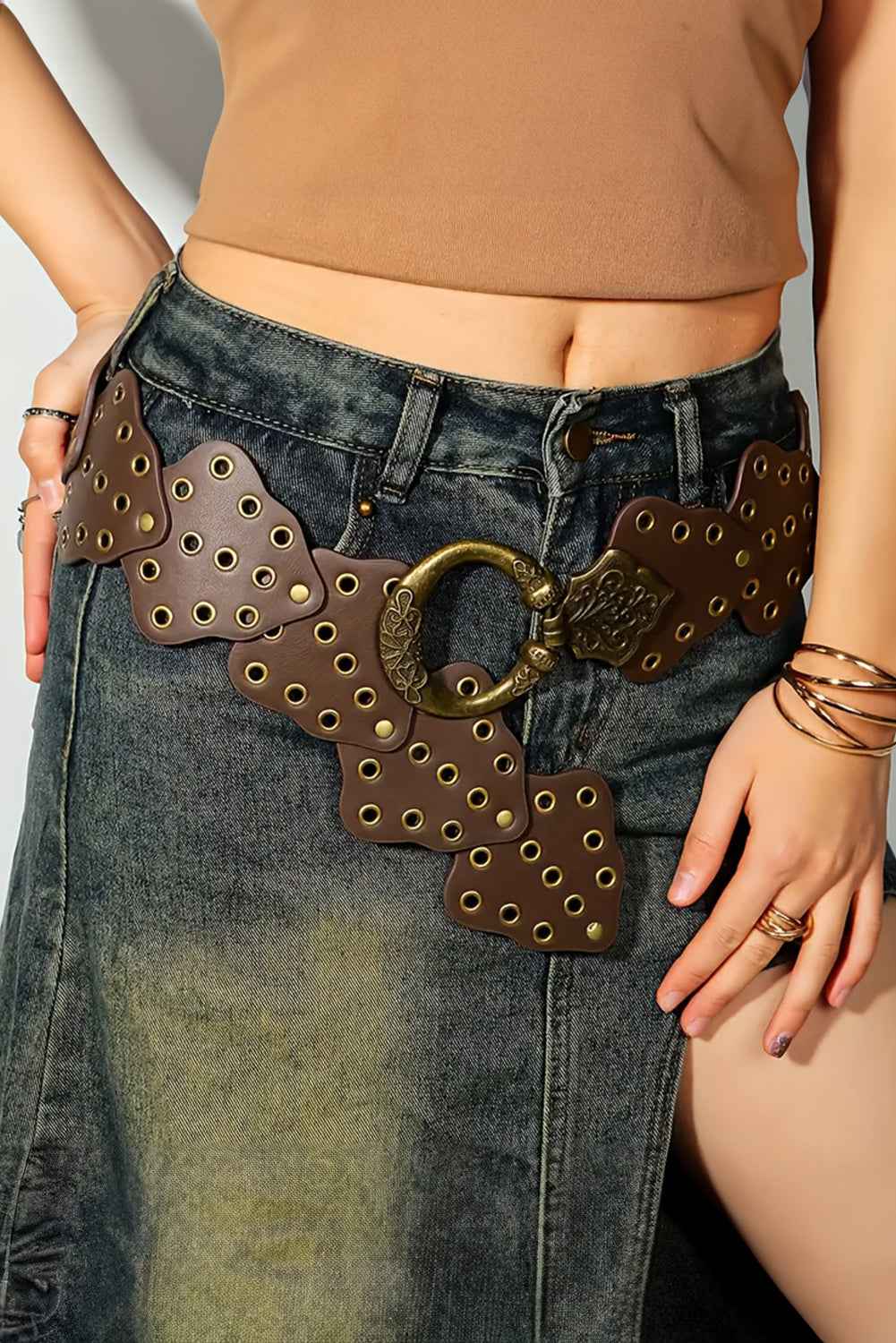 Chestnut Retro Hollow Disc Wide Belt Chestnut ONE SIZE PU c4c0e06478d96b07