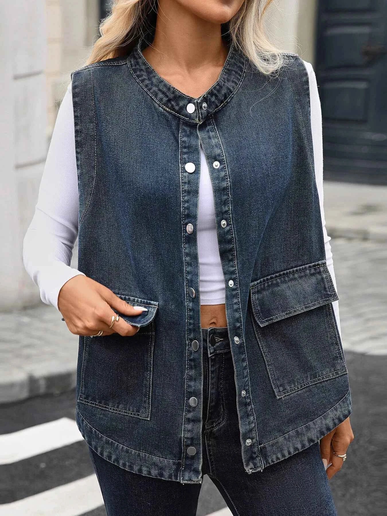 Snap Down Sleeveless Denim Jacket Blue c4c373ba41424b1a8cf3a8f8390a7bc0-Max-Origin