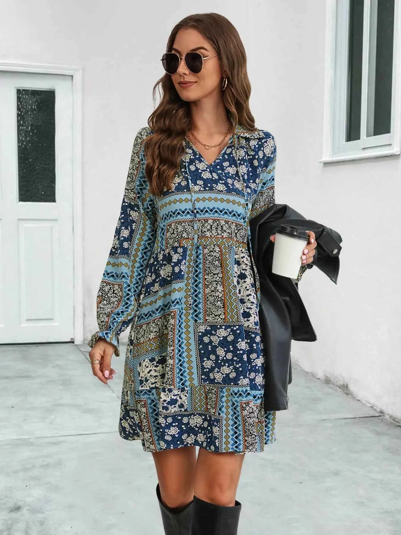 Boho Floral Print Long Sleeve Mini Dress Navy c4c64584-9d4f-4ab7-bf48-e8609c291b05-Max-Origin