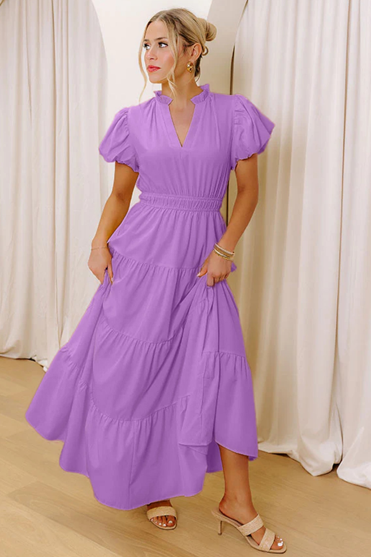Bright Green Solid Color V Neck Short Puff Sleeve High Waist Tiered Maxi Dress c4c720a459885f08