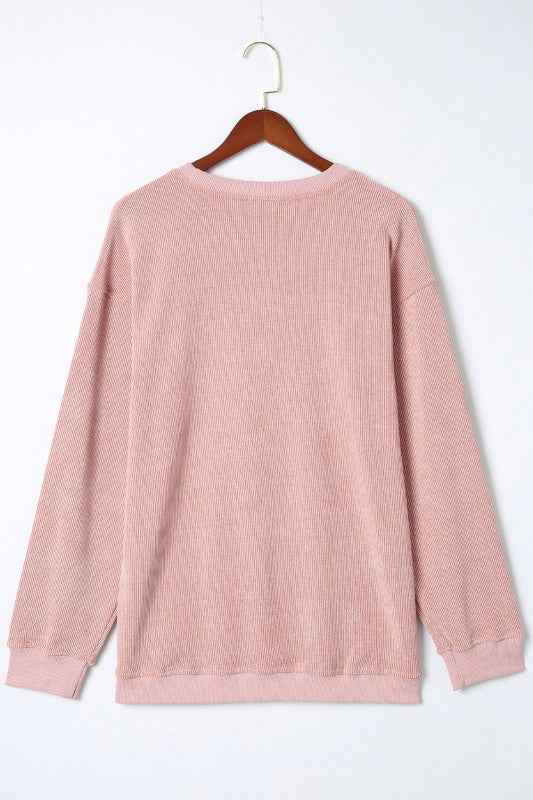 Solid Ribbed Knit Round Neck Pullover Sweatshirt c4ce40af-47e2-4be8-b2cd-109c40d1ab68