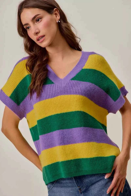 Mardi Gras Loose Fit V Neck Stripe Sweater Top c4ceb93936c64a73a5157b934e3f71c5-Max-Origin