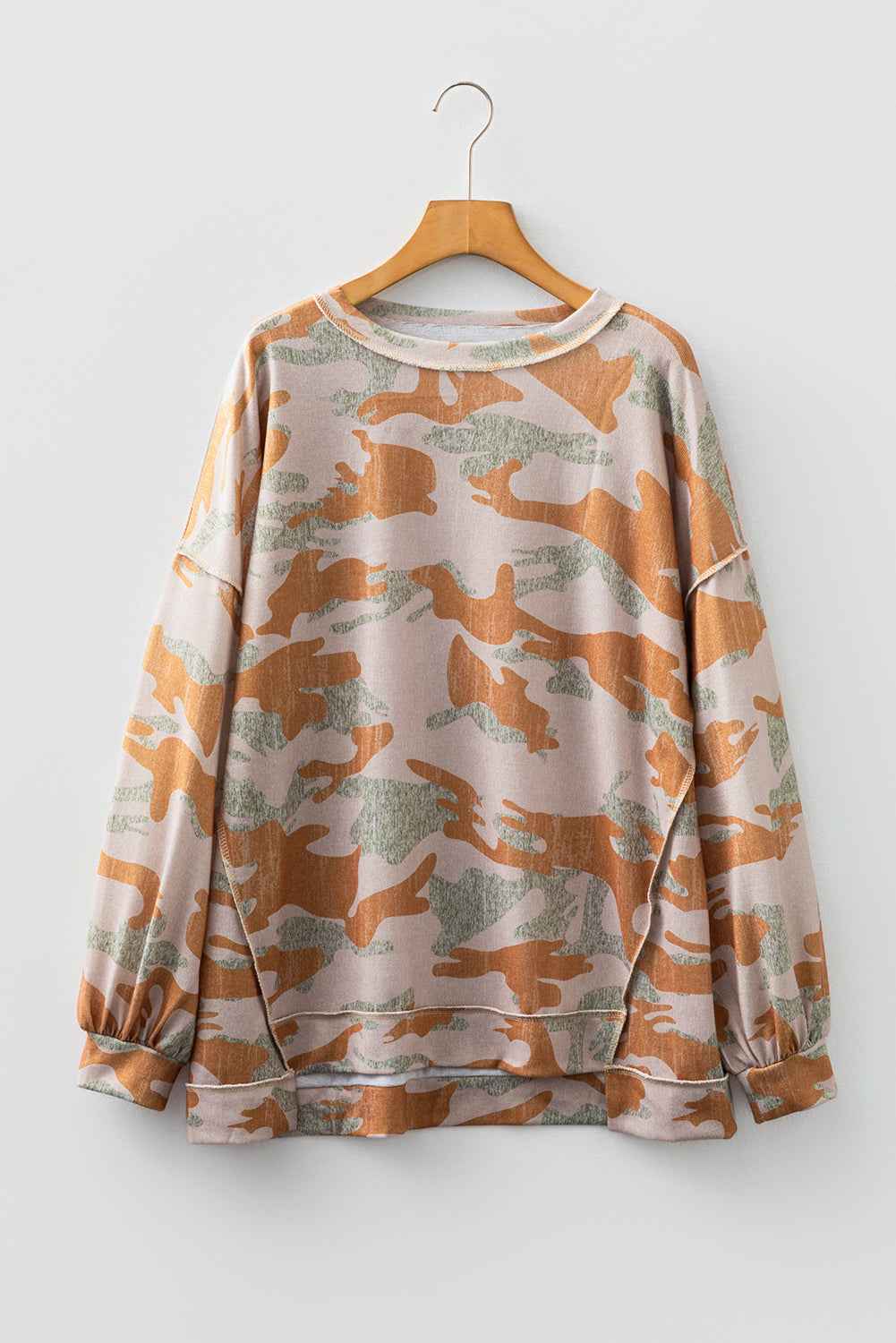 Brown Retro Camouflage Print Exposed Seam Patchwork Drop Shoulder Sweatshirt c4cfe5baffb51457
