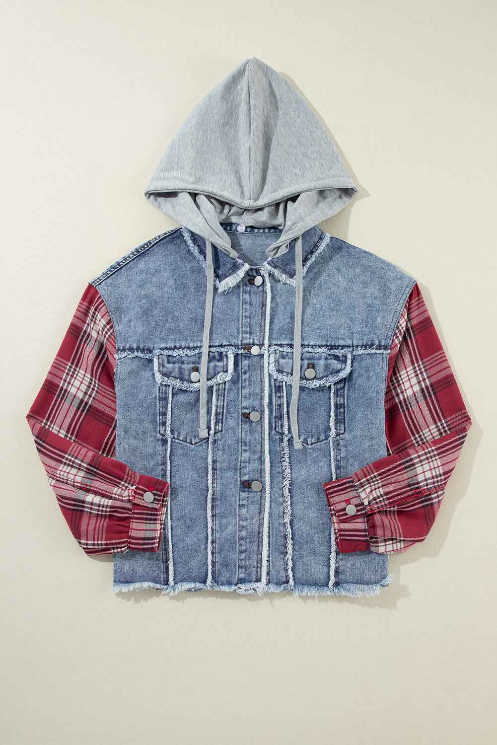 Beau Blue Plaid Print Patchwork Hooded Raw Hem Denim Jacket c4d84d539875cc22