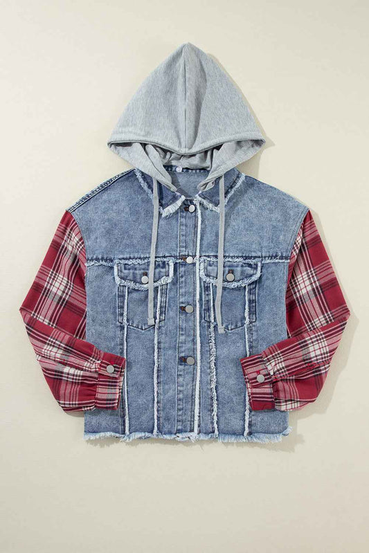 Beau Blue Plaid Print Patchwork Hooded Raw Hem Denim Jacket c4d84d539875cc22